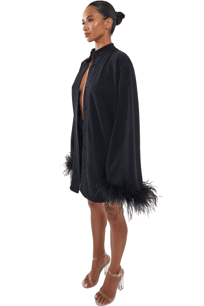 Midnight Feather-Trimmed Cardigan