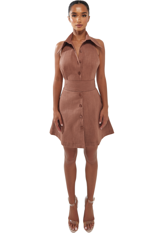 Audrey Linen Mini Dress - Brown